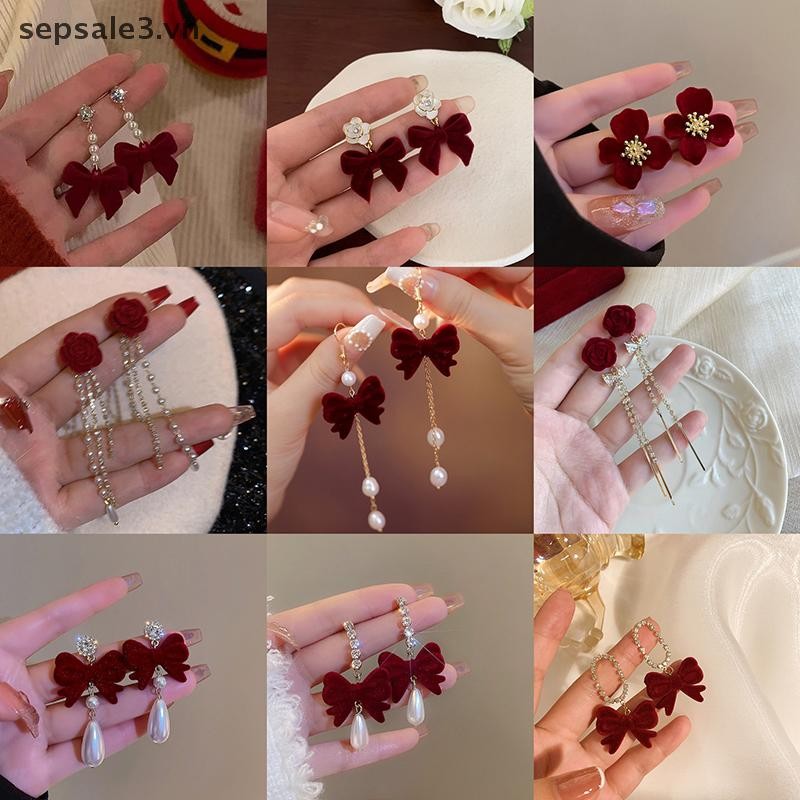 # Vn # Bông tai nơ vải màu đỏ Tính khí Hoa ngọt ngào Bông tai tua dài.