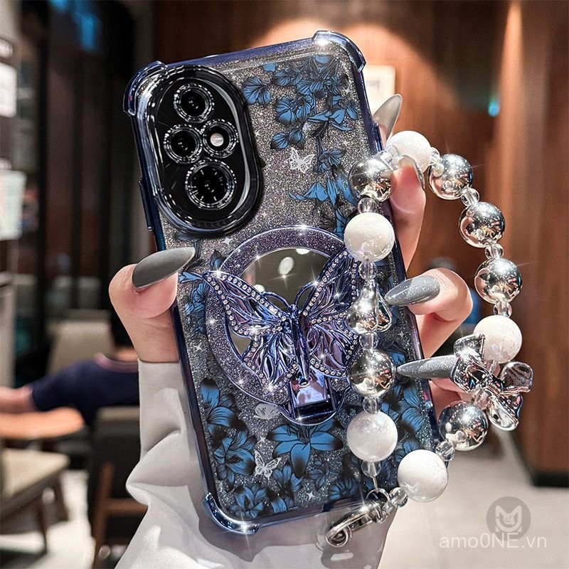 Ốp điện thoại cho Honor 300 200 90 70 Pro 200 Smart 90 Lite, vỏ silicon mềm có gương bướm lấp lánh và dây chuyền