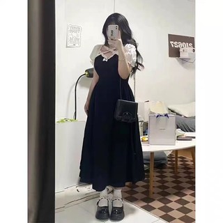 M-4XL Đầm Size Lớn Nữ Ôm Hơn Nhìn Đen Tay Ngắn Một Mảnh Đầm Nơ Phối Ren 2023 Hơi Béo mm Che Thịt Mỏng Hơn Nhìn Khâu Trên Đầu Gối Váy Dài Vừa Lớn