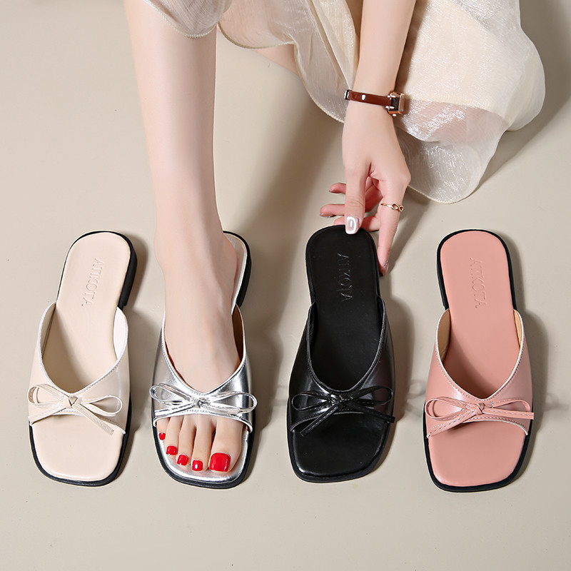 Atikota Thời Trang Nữ Sandal Đầu Vuông Nơ Mở Mũi Đi Biển Đa Năng Xăng đan Flat