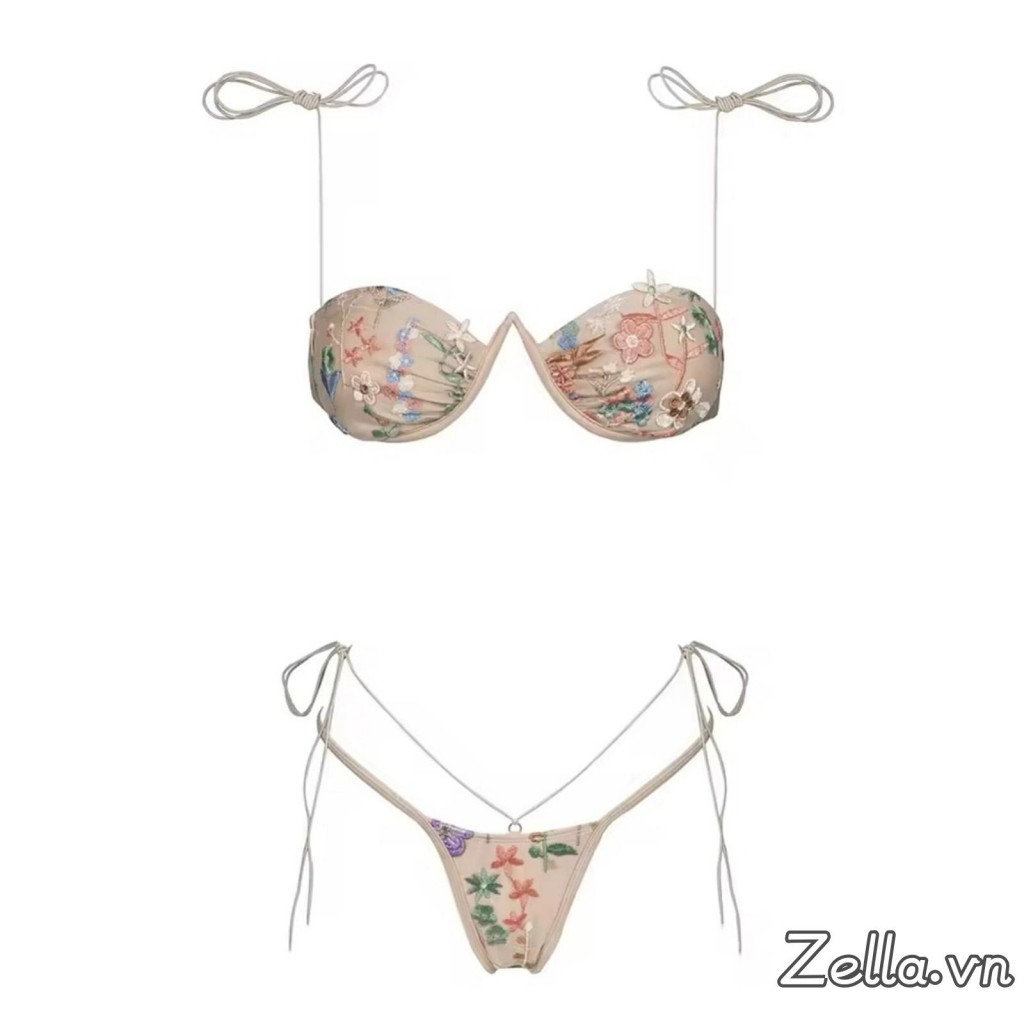 Phụ Nữ 2 Miếng Bikini Bộ Hoa Thêu Áo Ngực Không Tay + Đáy Thông Bộ Đồ Tắm Đi Biển