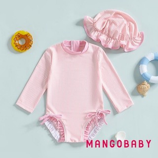 MG-Toddler Girls Rash Guard Đồ bơi có mũ 2 chiếc Bộ sọc họa tiết dài tay cổ tròn Đồ bơi bé gái