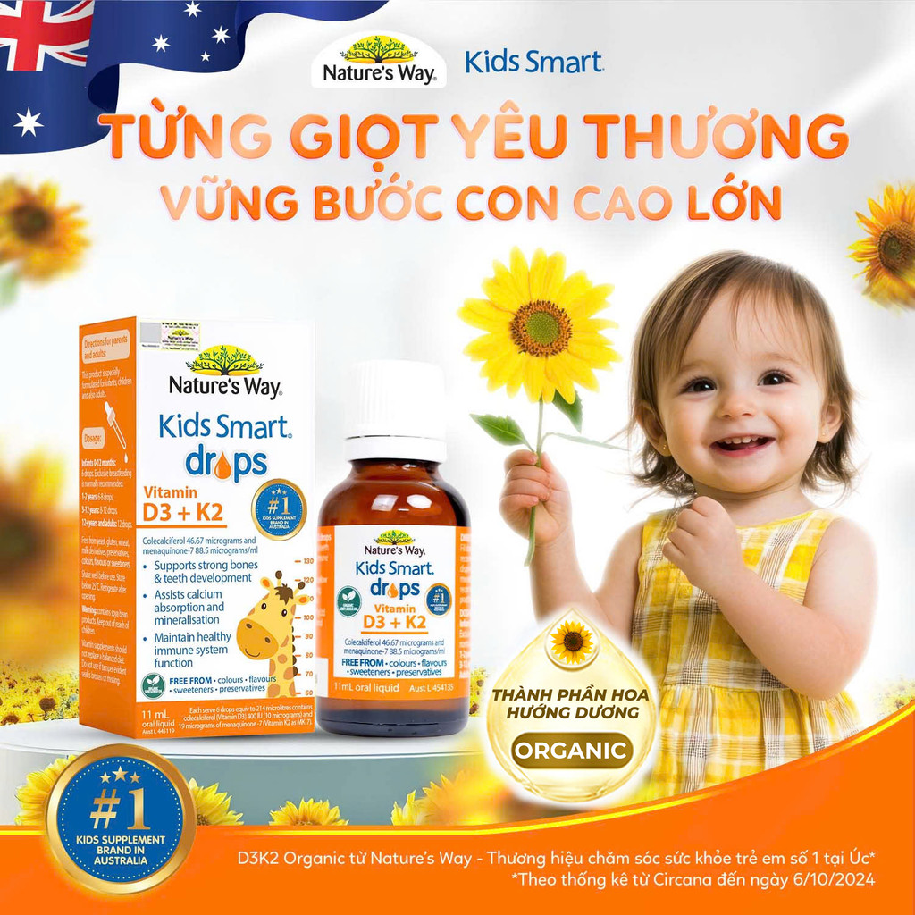 Vitamin D3k2 Organic Nature's Way, D3K2 Cho Trẻ Sơ Sinh  Hoa Hướng Dương Organic Hộp 11ml
