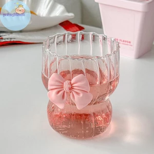 Pufangbliss Nơ Hồng Thủy Tinh Dễ Thương Cốc Nước Hoạt Hình Nơ Cốc Thủy Tinh Sọc Dễ Thương Doodle Cốc Cà Phê Hộ Gia Đình Trà Trái Cây Nước chanh Bé Gái Quà Tặng VN