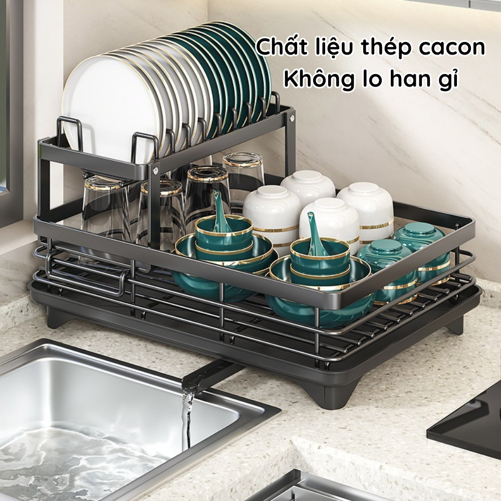 Giá Úp Bát Chén Thép Carbon Chống Gỉ, Kệ Úp Bát Thoát Nước Kèm Ống Đũa 2 Tầng Thông Minh