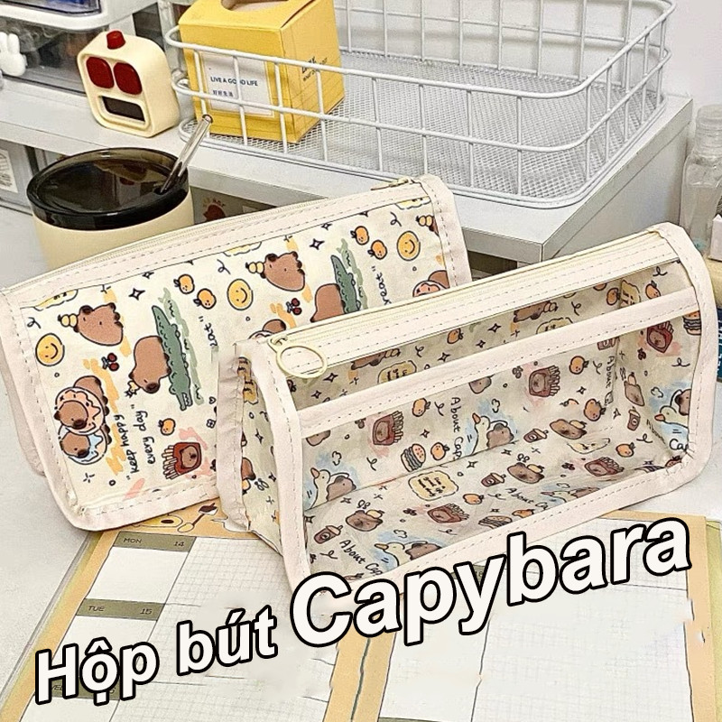 Hộp bút Capybara,Túi Đựng Bút Vải Canvas Hình Gấu Dâu Tây Phong Cách Hàn Quốc, Túi Đựng Bút Hình Gấu Dâu Tây Dễ Thương