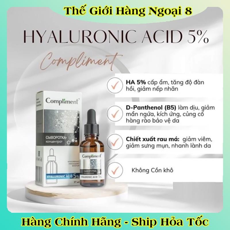 Serum 5% Hyaluronic Acid (HA) 27ml Compliment giúp cấp nước, giữ ẩm, phục hồi và nuôi dưỡng làn da mịn màng của Nga
