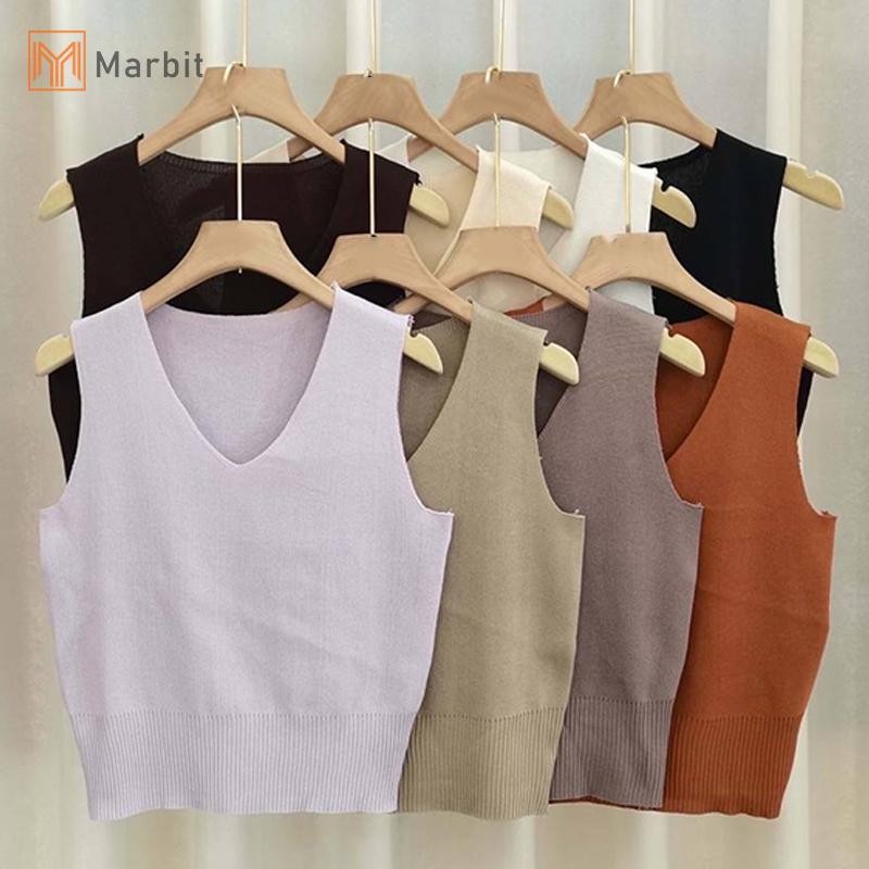Marbit Pháp Màu Trơn Cổ Chữ V Không Tay Đơn Giản Dệt Kim Áo Vest Nữ Mới