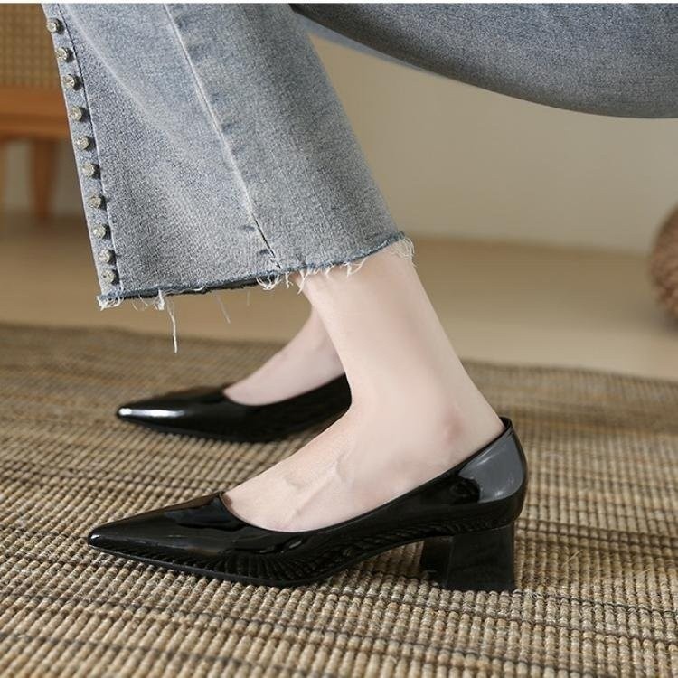 Giày cao gót nữ mũi nhọn kiểu Pháp, đế thô chống trượt, chất liệu PU, thiết kế một bàn đạp cho công sở, thời trang thường ngày
