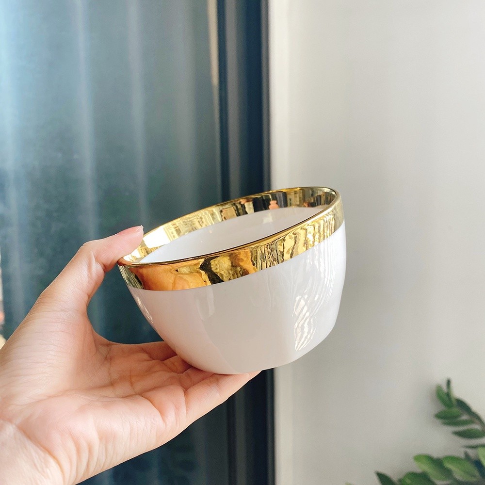 Bộ 6 bát đũa sứ ăn cơm HAPPY LIFE họa tiết vàng trắng kèm hộp tặng quà mang đi biếu gia đình và bạn bè