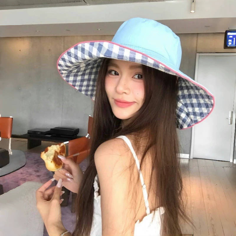 Mũ Tai Bèo Chống Nắng Vành Rộng 2 Mặt Họa Tiết Caro-Trơn Màu Pastel,  Mũ Bucket Dây Nơ Đi Biển