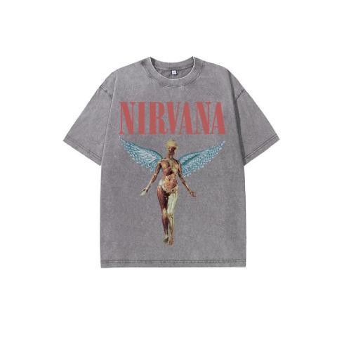 [Bộ sưu tập người 1086] Nirvana Band Rock Nirvana Cobain Cobain In hình đau khổ Washed Retro Wax Nhuộm áo thun dáng rộng