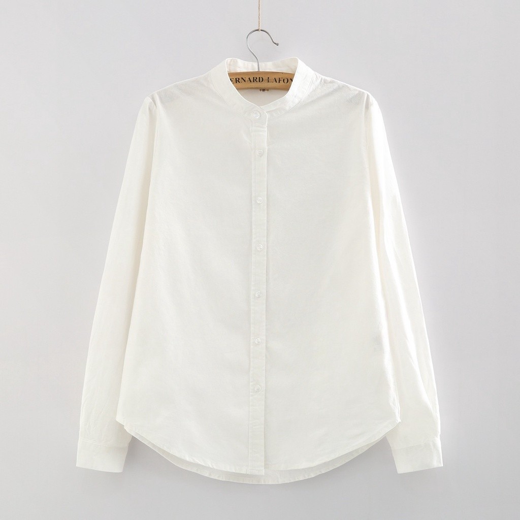 Áo Sơ Mi Nữ Vải Lanh Cotton Màu Trơn Nữ Cổ Đứng Trơn Sinh Viên Nhật Bản Áo Sơ Mi Hàng Đầu