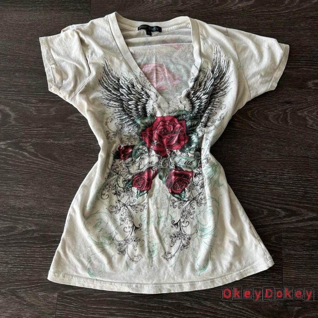 Okdk-áo thun ngắn tay dành cho nữ Gothic Rose Graphic Áo sơ mi cổ chữ V mùa hè Slim Fit Áo thường ngày dạo phố
