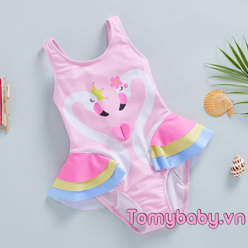 Đồ bơi trẻ em bé gái không tay cổ tròn in hình thiên nga đi biển mùa hè Ruffle Bộ đồ tắm một mảnh