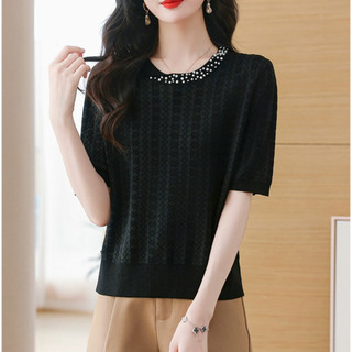 Công Nghiệp Nặng Đính Hạt Áo Thun Nữ Tay Ngắn Phong Cách Mới Thời Trang Phong Cách Phương Tây Trẻ Mẹ Mùa Hè Tencel Áo Len
