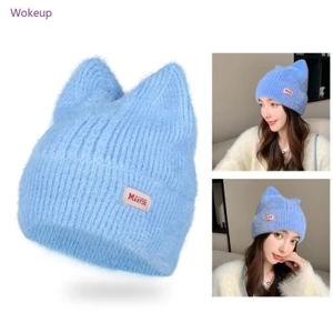 Woke Handmade Móc Beanie Mũ Nữ Y2K Đan Tai Mèo Mũ Mùa Đông Thu Đông Mũ Màu Trơn Cô Gái Ngọt Ngào Chống Gió Bon