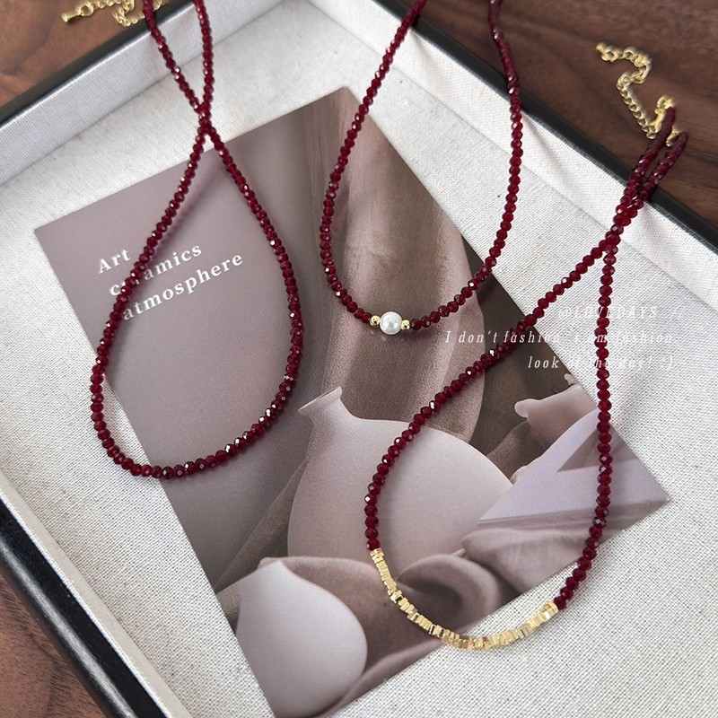 Vòng cổ ngọc trai đỏ Dây chuyền xương đòn sang trọng nhẹ thời trang