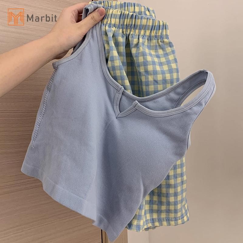 Marbit Hoa Co Giãn Eo Pyjama Vest Có Đệm Ngực Pyjama Quần Nhà Quần Mùa Hè Bộ Dành Cho Nữ Mới