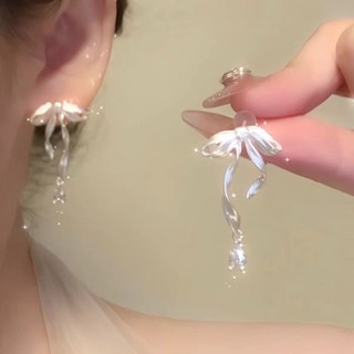 Bowknot Ruy Băng Zircon Bông Tai Nữ Tính Khí S925 Bông Tai Kim Bạc