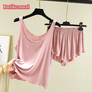 Set Đồ Ngủ Gồm Áo Thun Không Tay Cổ Tròn Và Quần Ngắn Màu Trơn Bằng Cotton Dành Cho Nữ