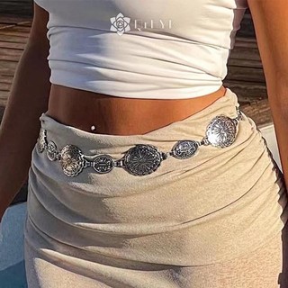 Qrhyk Phong Cách Retro Nữ Dây Thắt Lưng Kim Loại Có Thể Điều Chỉnh Trang Trí Vòng Tròn Khắc Dây Xích Thắt Lưng Phong Cách Cao Cấp Phụ Kiện Mới
