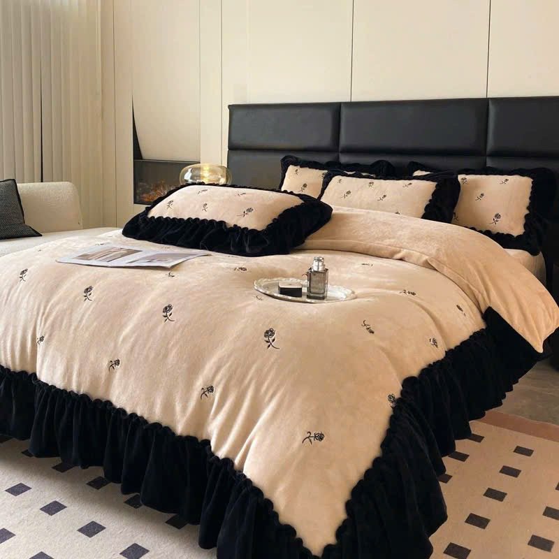 (BÁN CHẠY 2) Bộ chăn ga gối nỉ nhung MemMinbedding Luxury thêu họa tiết hoa hồng,nỉ bèo tiểu thư