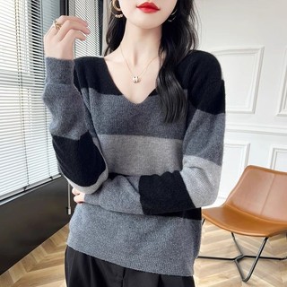 Mùa Thu Đông Cổ Màu-Block Cổ Chữ V Áo Len Nữ Phong Cách Mới Phong Cách Ngắn Rời Phong Cách Phương Tây Tay Dài