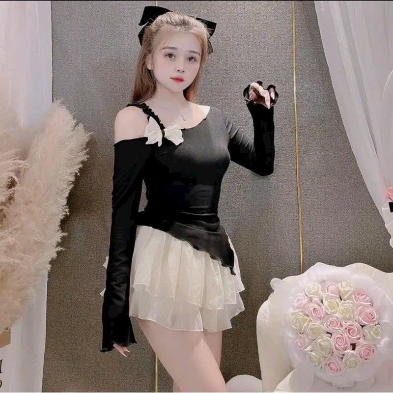 Áo thun đính nơ dây một bên vai , vạt xéo Nữ Top