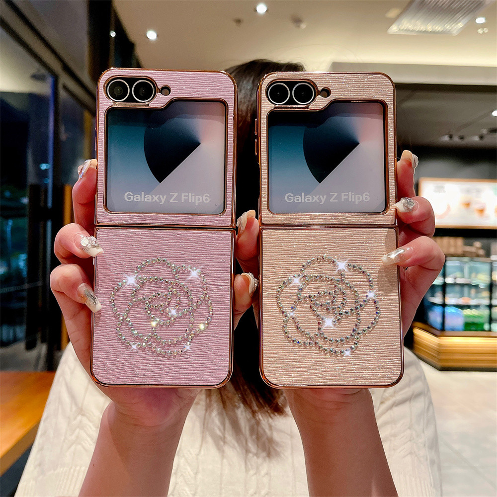 Ốp điện thoại họa tiết trang trí kim cương mạ điện cho Samsung Galaxy Z Flip 6 5 4 3 Flip6 Flip5 Flip4 Flip3 5G Bao da