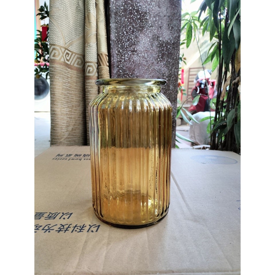 Lọ hoa thủy tinh SẦN 26CM màu hổ phách, phong các pha lê, Lọ dáng trụ sọc