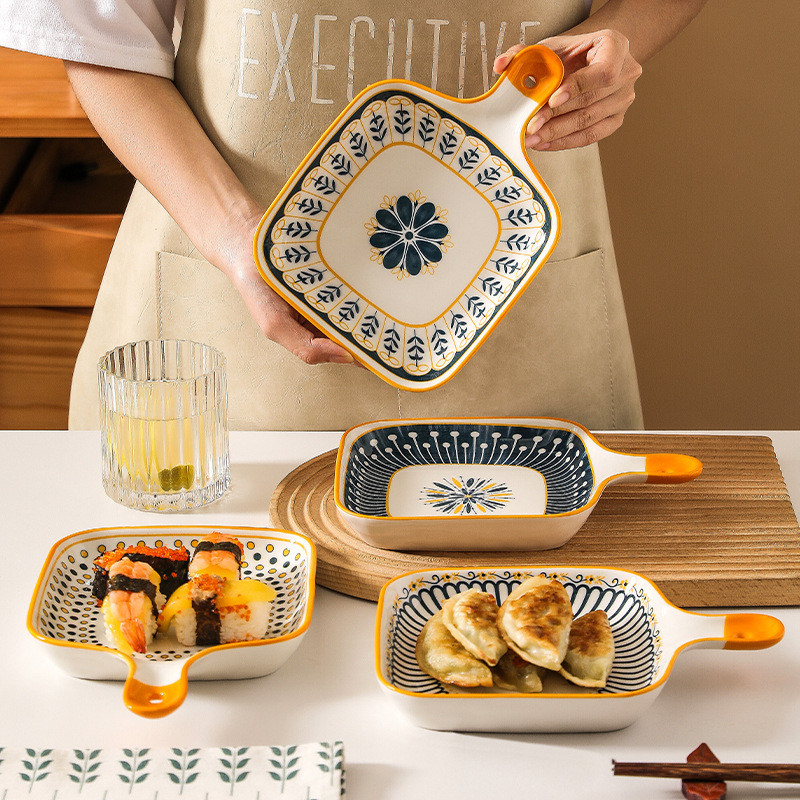 Đĩa Decor Có Tay Cầm  size 15x15cm Bắc Âu Scandinavia, Khay Sứ Vuông Tay Cầm Cao Cấp