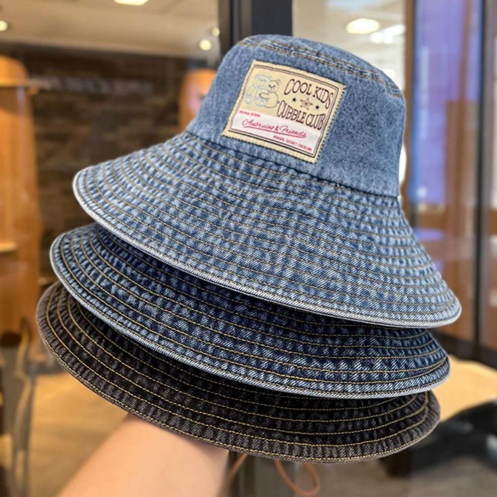 Mũ xô denim nữ HOBBYIN, chống nắng vành lớn, dây rút retro - Perfect cho mùa thu