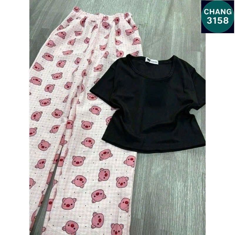 Sét bộ quần heo Hồng + mix áo croptop trơn tăm lạnh-CHANG 3158