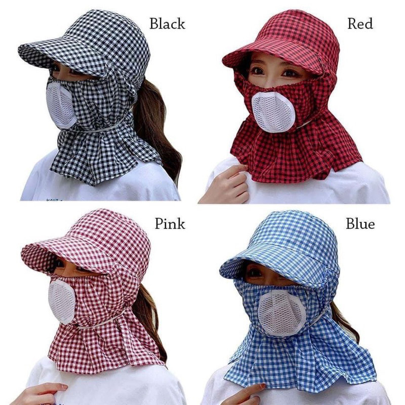 -(TUYỂN SỈ)Mũ Chống Nắng , Mũ Hoạ Tiết Caro Kèm Khăn Che Kín Mặt Chống Tia UV, Có Lỗ Thông Hơi