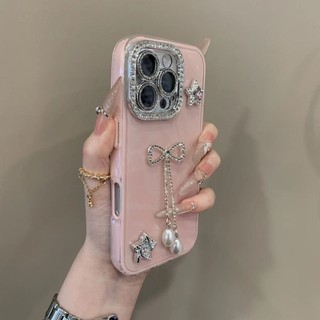 Ốp điện thoại nơ tua rua kim cương giả sang trọng cho iPhone16 15 14 13 12 11Pro Max camera chống sốc đi kèm bảo vệ màng ống kính chống rơi mặt sau mềm