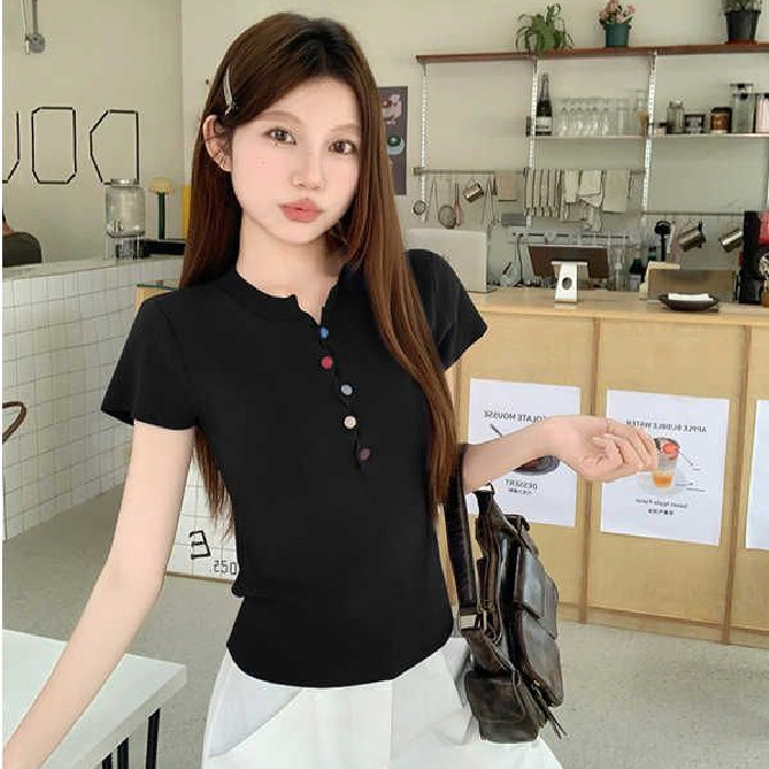 Áo phông ngắn tay dệt kim Lụa băng cổ chữ V Áo sơ mi nữ dáng ngắn cảm giác thiết kế mẫu Mới Mùa Hè