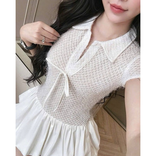 Đầm lông ren cổ polo cột nơ dáng bí tùng phồng bồng bềnh 3 màu kem đen trắng _SEP House