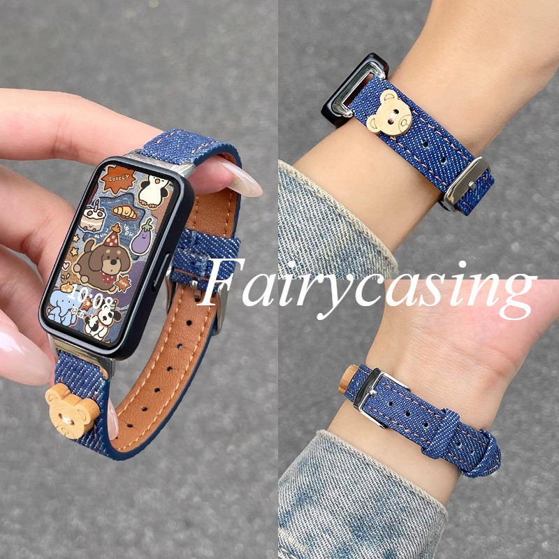 Dây đeo đồng hồ cao bồi gấu nhỏ dễ thương cho Huawei Band 11 Pro 10 9 8 Dây đeo đồng hồ Denim cho Honor Band 9 Vòng đeo tay thay thế