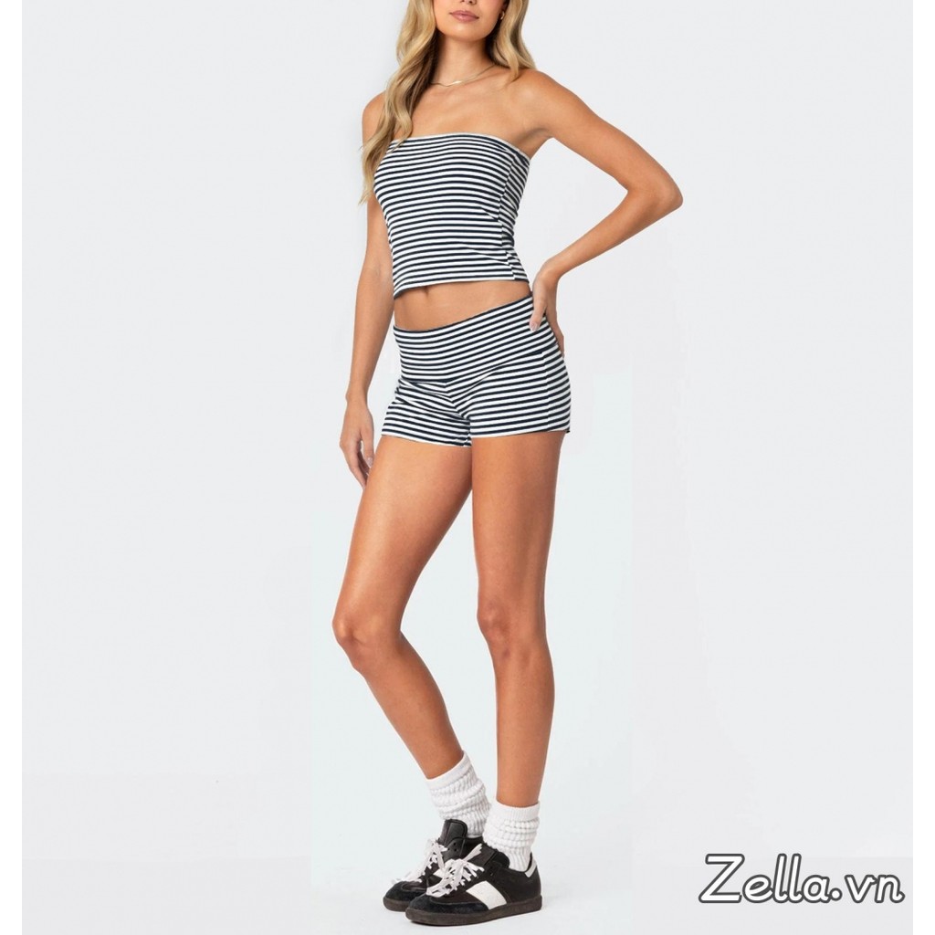 Bộ trang phục 2 món thông thường dành cho nữ Áo ống in sọc không tay + Quần short