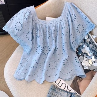 M-4XL Size Lớn Top Nữ Phong Cách Pháp Cổ Vuông Ren Áo Sơ Mi Tay Ngắn Mùa Hè 2025 Màu Trơn Rỗng Rời Ngắn Kích Thước Hàng Đầu Mỡ mm Bao Bụng Nữ Tay Ngắn Top Size Lớn Quần Áo Nữ