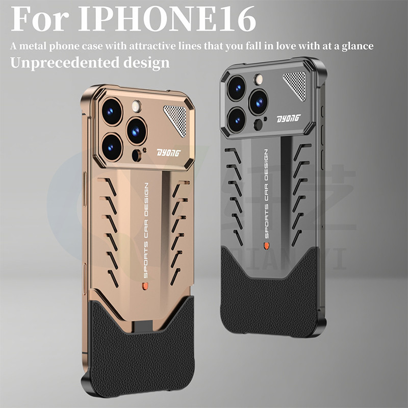 Ốp điện thoại iPhone hai trong một bằng hợp kim nhôm và da, cho iPhone 16 15 14 Pro Max Vỏ bảo vệ khóa kim loại siêu tản nhiệt