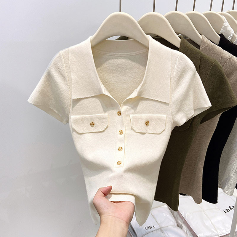 Áo thun ngắn tay cổ Polo nữ màu trơn đơn giản mùa hè mới 250423