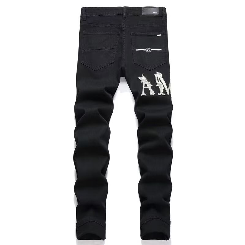 Cao Đường Phố Thời Trang Thương Hiệu Mới Thêu Quần Jean Nam Đen Rách Miếng Dán Co Giãn Slim Fit