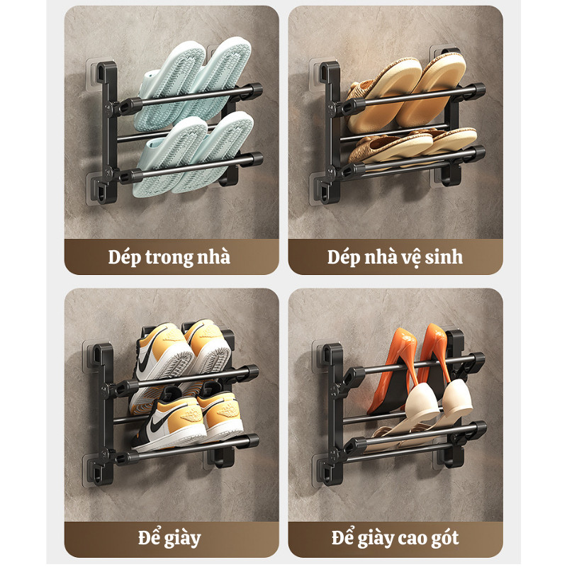 Kệ Treo Dép Gắn Tường Đa Năng, Giá Treo Khăn Thép Không Gỉ, Có Thể Gấp Lại, Kệ Để Giày 4 Ngăn