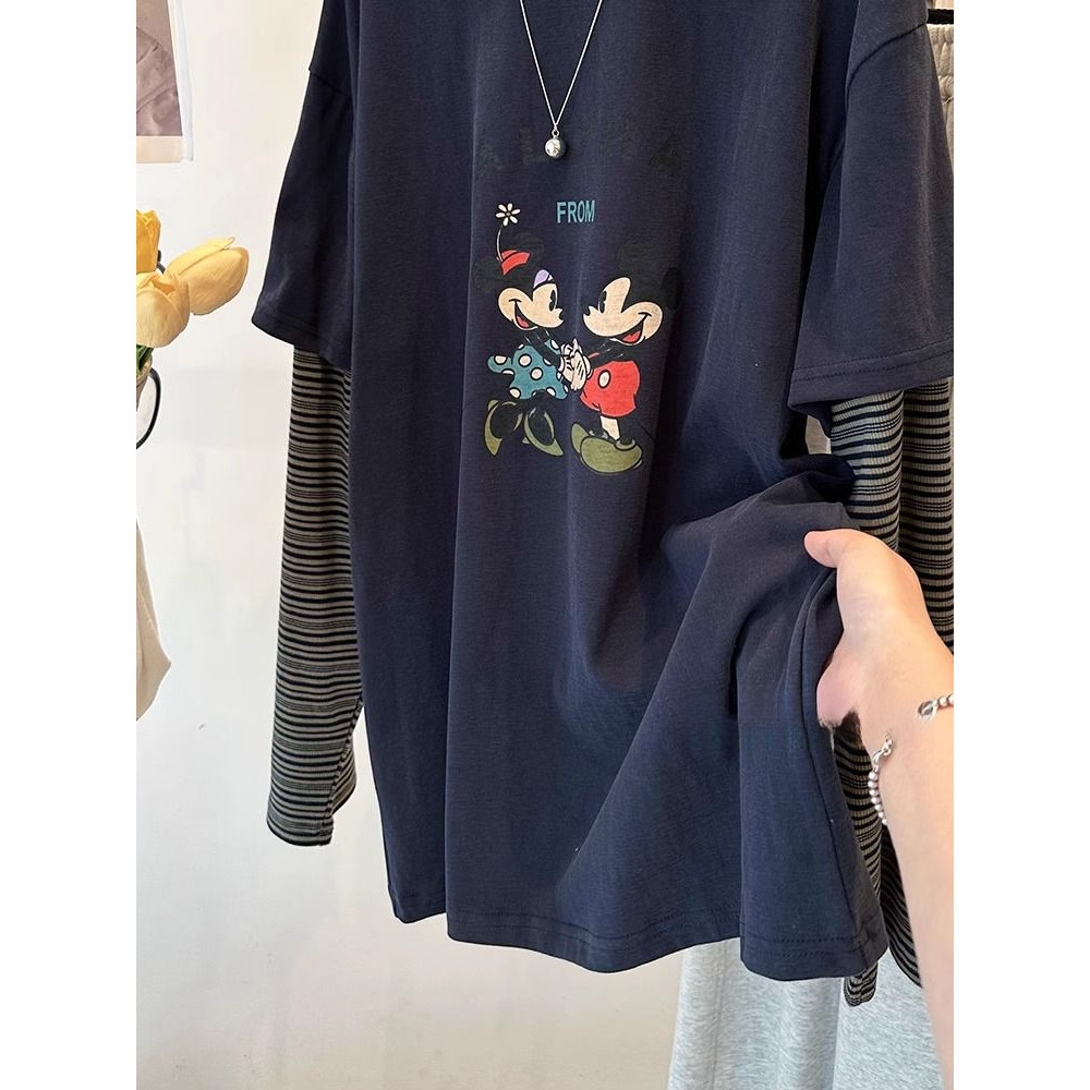 Áo phông ghép đôi dài tay kẻ sọc giả Size Lớn Hàn Quốc Milyfashion áo tôn dáng gầy rộng rãi mùa thu cho nữ