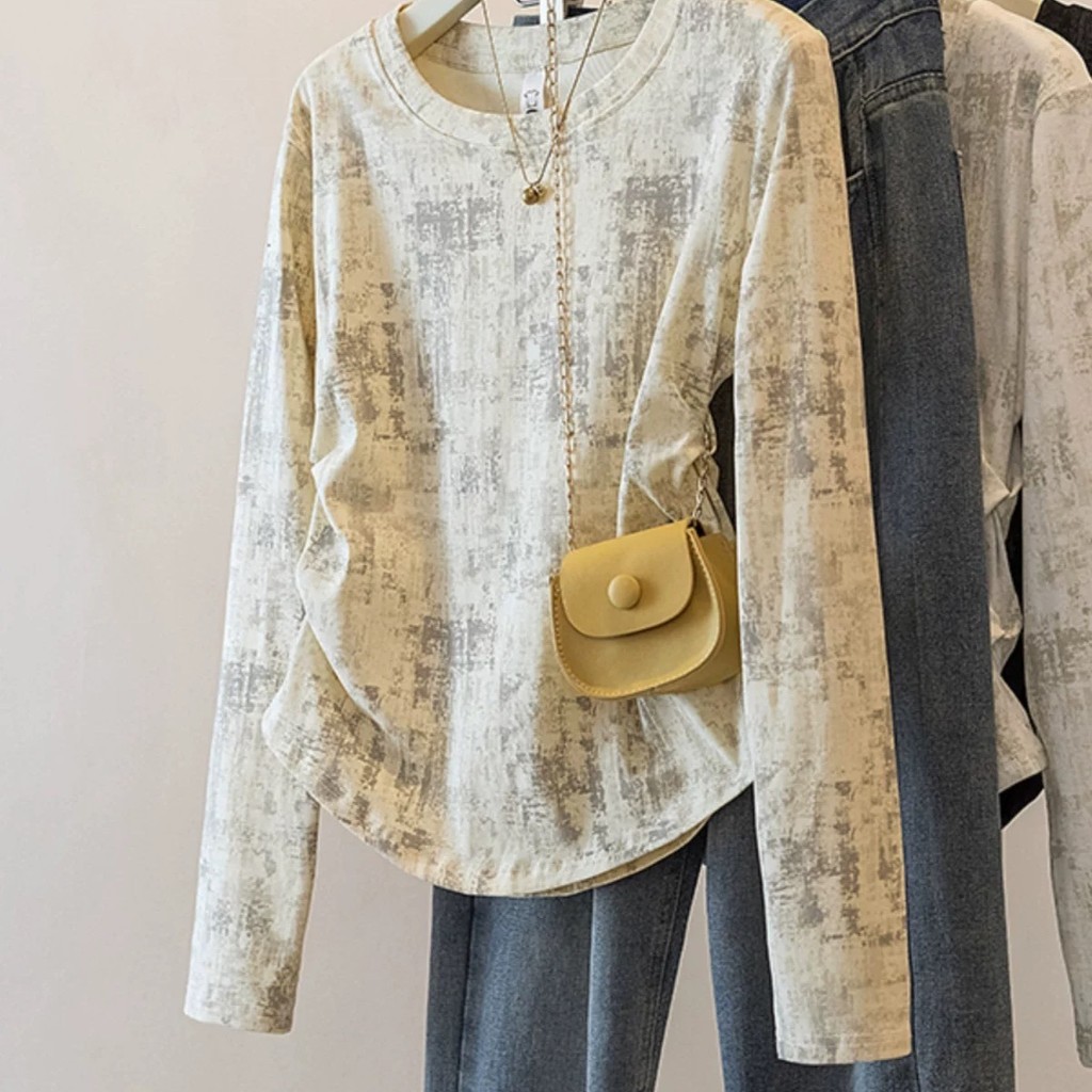 Milyfashion Cotton Size Lớn Tie-Dye Áo Thun Dài Tay Không Đều Đáy Áo Sơ Mi Nữ Slim-fit Ôm Hơn Nhìn Bao Bụng Phong Cách Phương Tây Xếp Ly Áo Ngắn