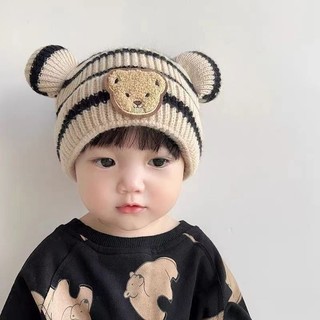 Mũ dệt kim ấm áp mới mùa thu đông 2024 cho trẻ em, thiết kế gấu sọc dễ thương, thời trang và thoải mái