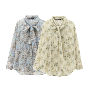 Áo sơ mi Zara made in Morocco voan hoa khăn nơ cổ