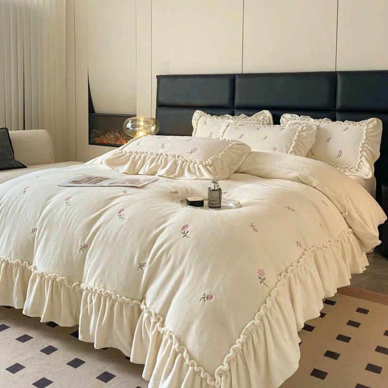 (BÁN CHẠY 2) Bộ chăn ga gối nỉ nhung MemMinbedding Luxury thêu họa tiết hoa hồng,nỉ bèo tiểu thư